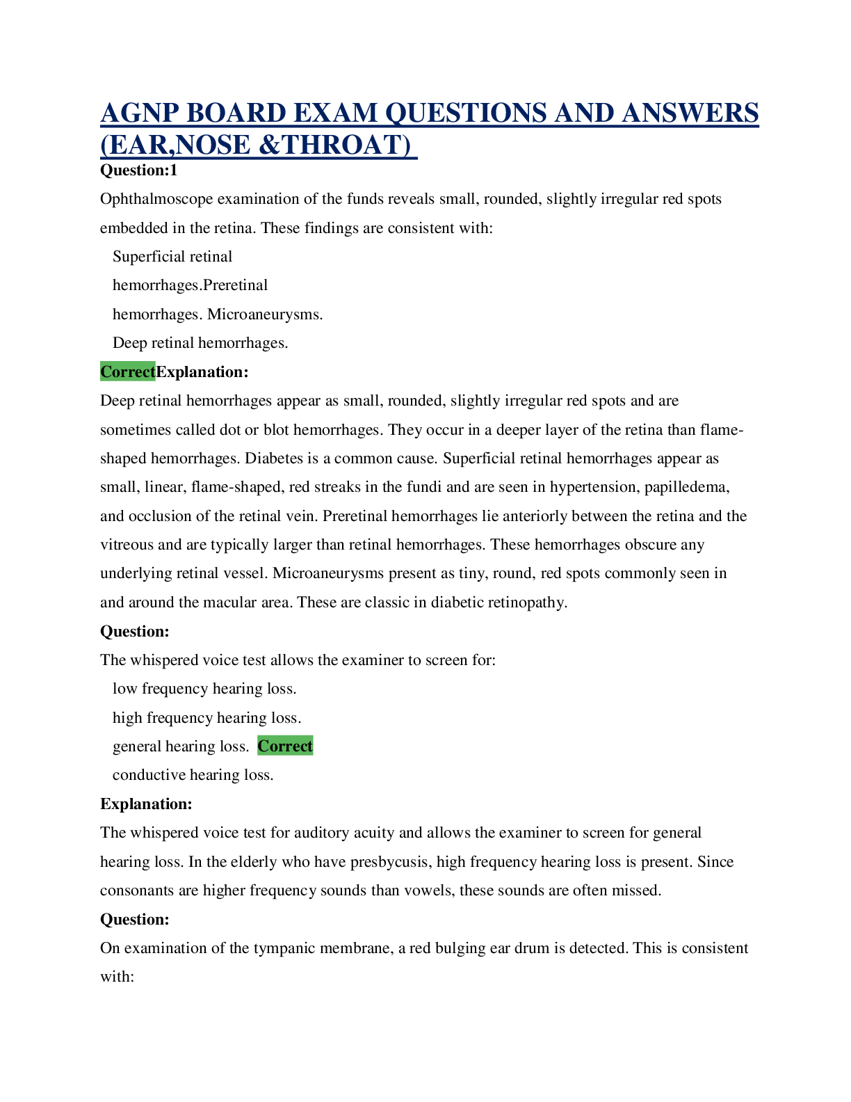 Preview image for SOUTH UNIVERSITY AGNP BOARD EXAM QUESTIONS AND ANSWERS  (EAR,NOSE &THROAT) FULL COMPLETE GUIDE
